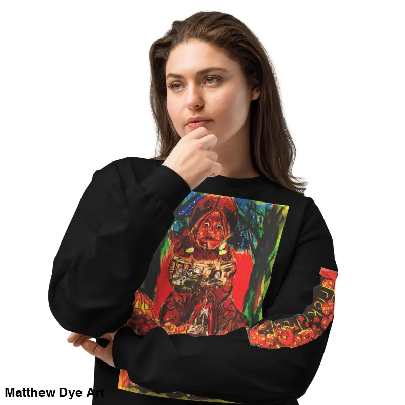 Black unisex long sleeve shirt featuring colorful Trick r Treat Halloween graphic design