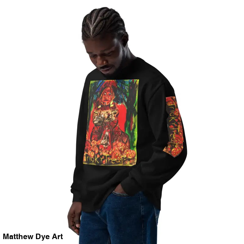 Black unisex long sleeve shirt featuring a Halloween graphic for Trick R Treat style
