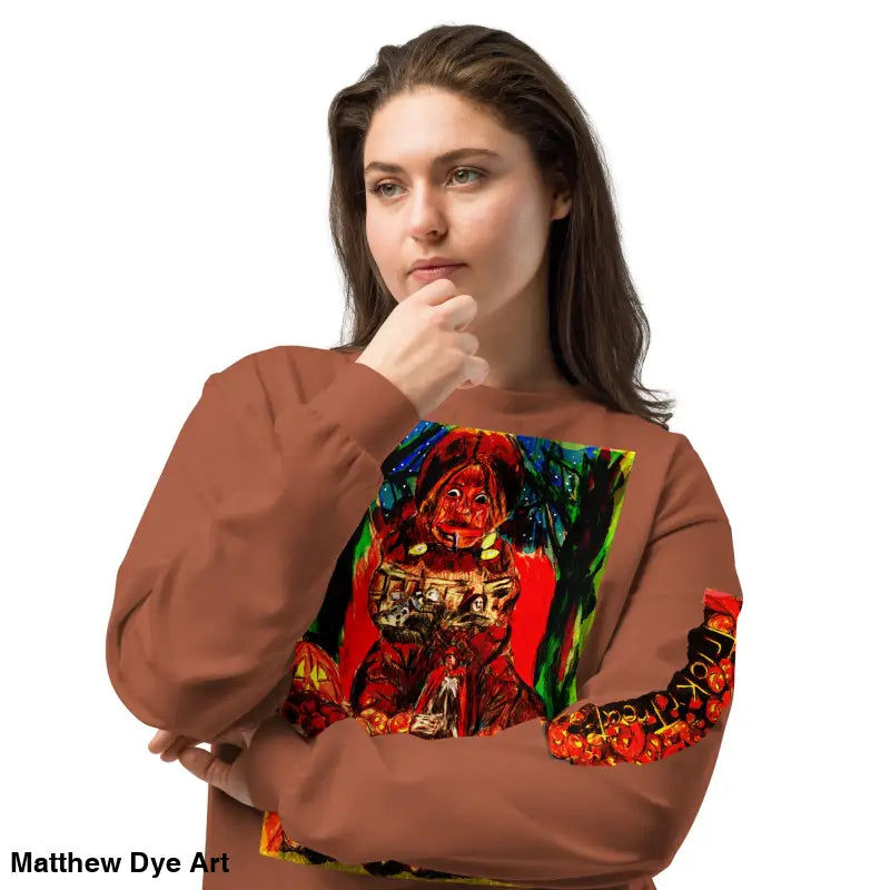 Brown unisex long sleeve shirt featuring colorful Trick r Treat graphic for Halloween