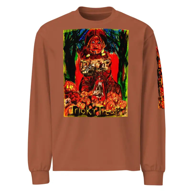 Brown unisex long sleeve shirt featuring Trick R Treat graphic for Halloween festivities