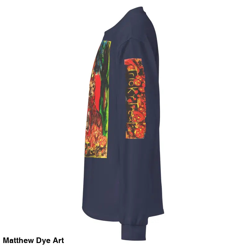 Long-sleeved navy Trick r Treat unisex shirt featuring vibrant Halloween graphic design