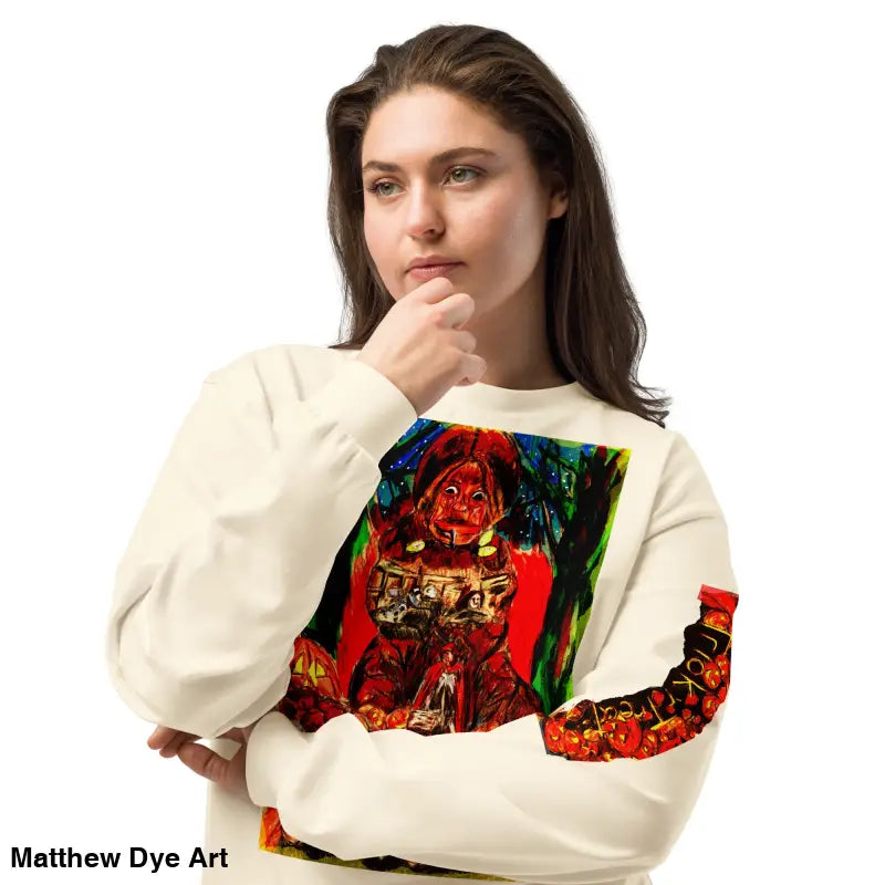 Woman in Trick r Treat unisex long sleeve shirt, showcasing Halloween elegance