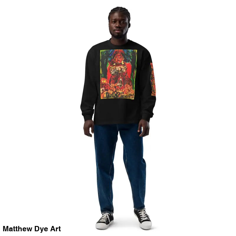 Man modeling a Trick R Treat unisex long sleeve shirt for Halloween elegance