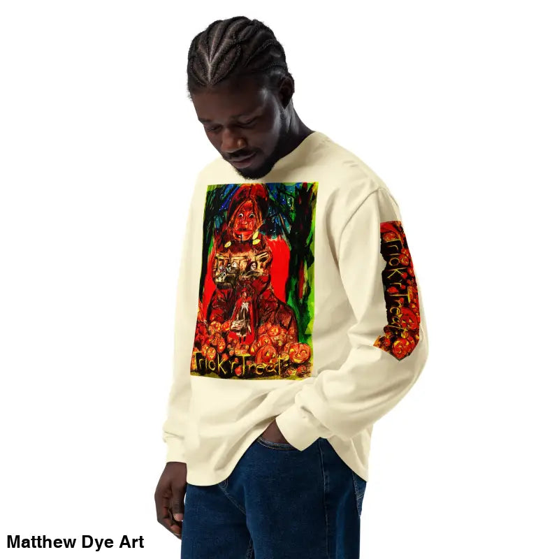 Trick r Treat unisex long sleeve shirt featuring a Halloween-themed graphic design