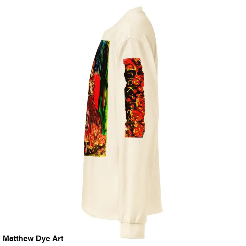 Long-sleeved off-white Trick R Treat shirt featuring colorful graphics for Halloween