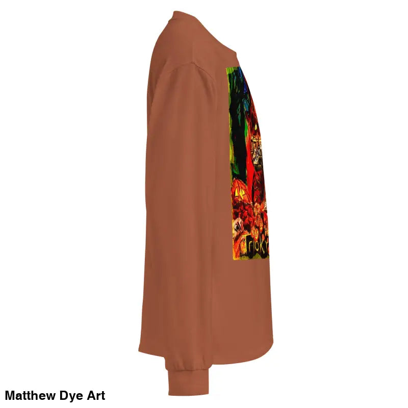 Brown unisex long sleeve shirt featuring colorful graphic for Trick r Treat Halloween elegance