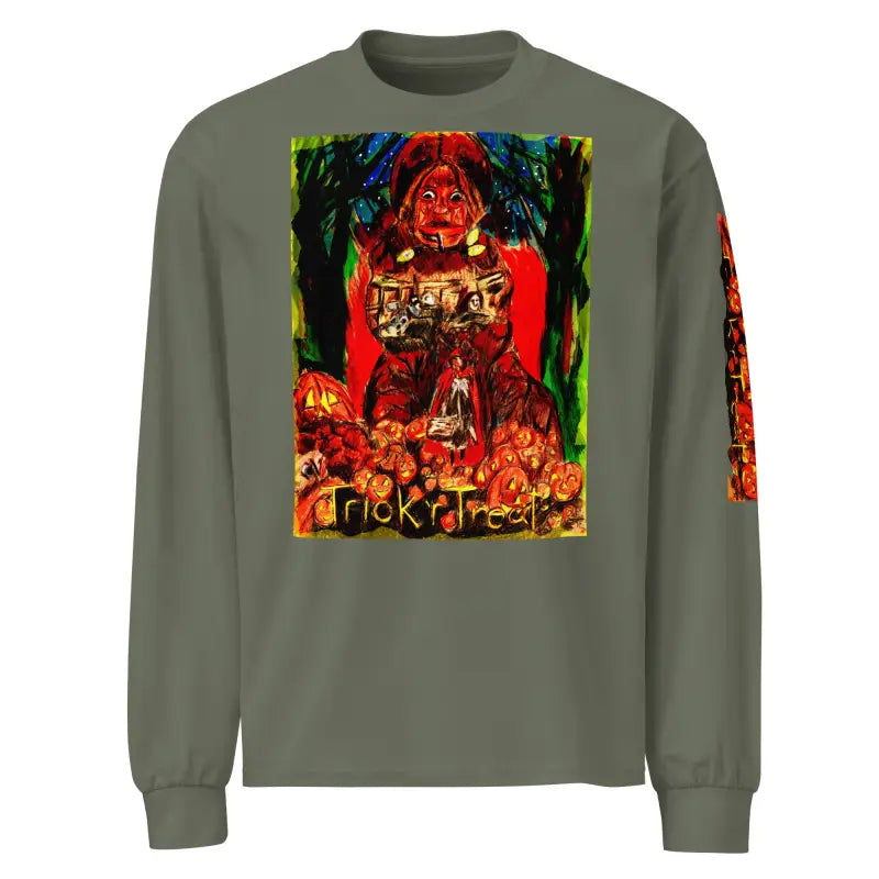 Olive green unisex long sleeve shirt featuring Halloween graphic for Trick R Treat style