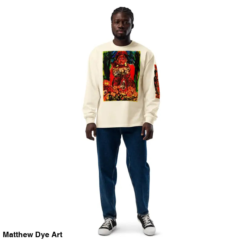 Man in graphic unisex long sleeve shirt and blue pants for Trick r Treat Halloween