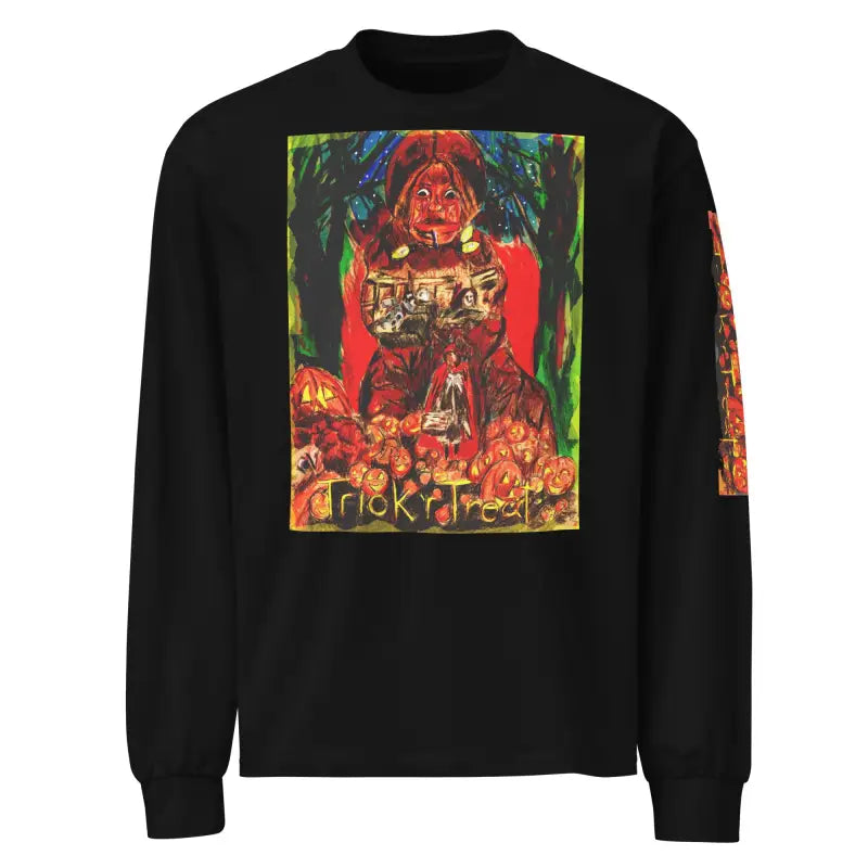 Black unisex long sleeve shirt featuring a Halloween-themed Trick R Treat graphic