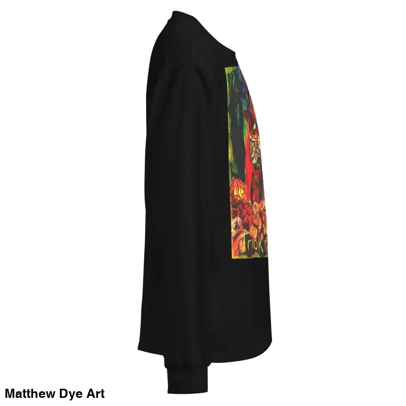 Black unisex long sleeve shirt with colorful graphic for Trick r Treat Halloween style