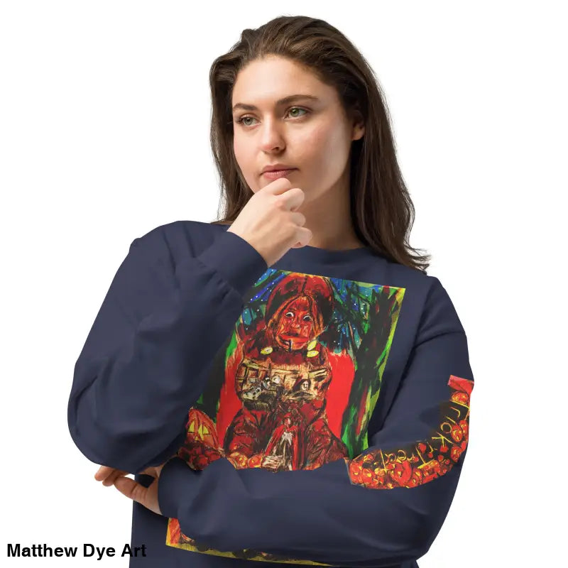 Printed navy sweatshirt of Trick r Treat unisex long sleeve shirt for Halloween elegance