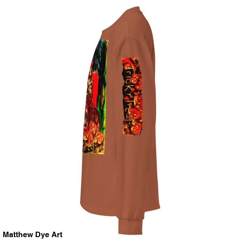 Brown unisex long sleeve shirt with colorful prints for Halloween, Trick R Treat style