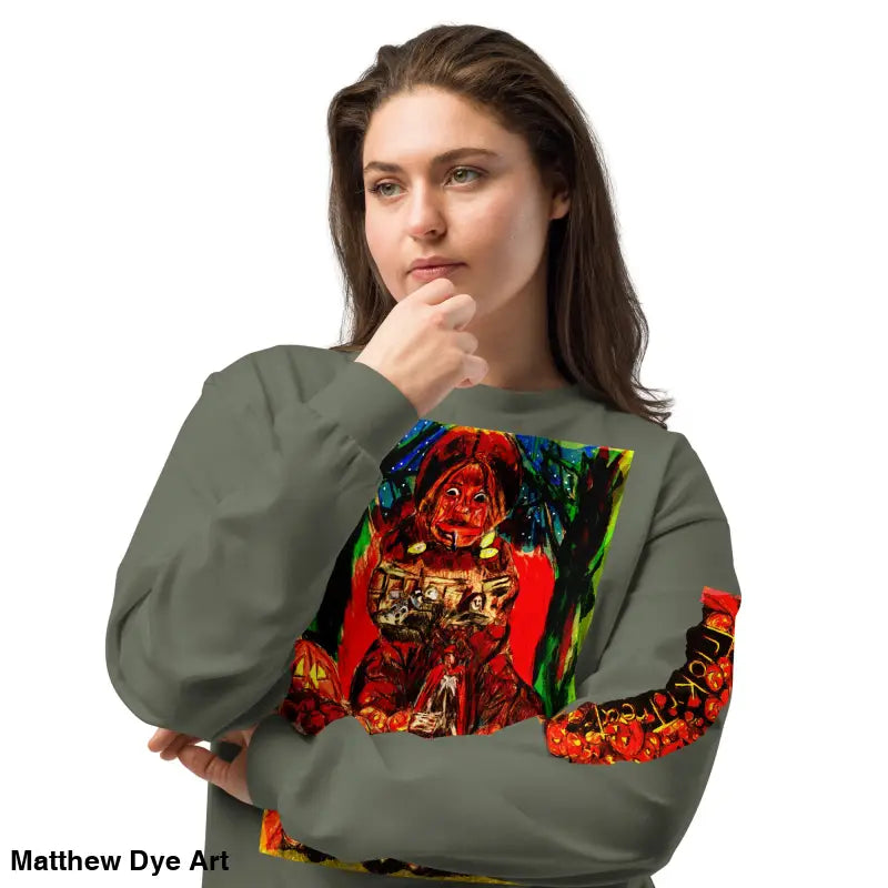 Olive green unisex long sleeve shirt featuring colorful graphic for Trick r Treat Halloween