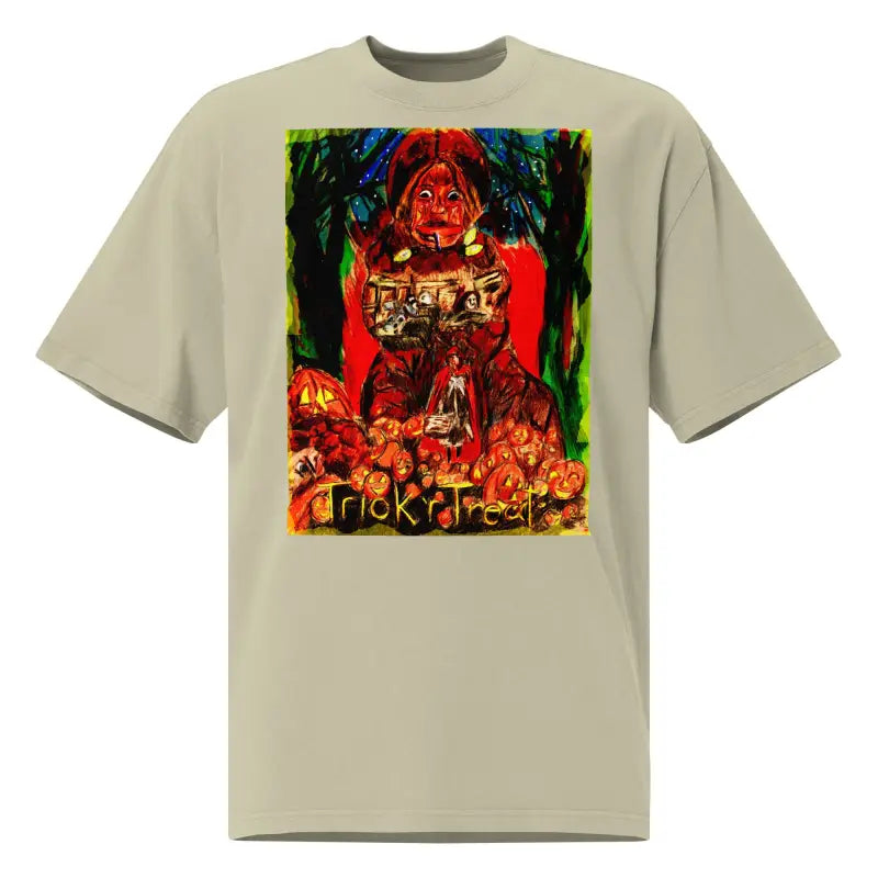 Beige oversized tee featuring a haunting jack-o’-lantern for Trick ’r Treat festivities
