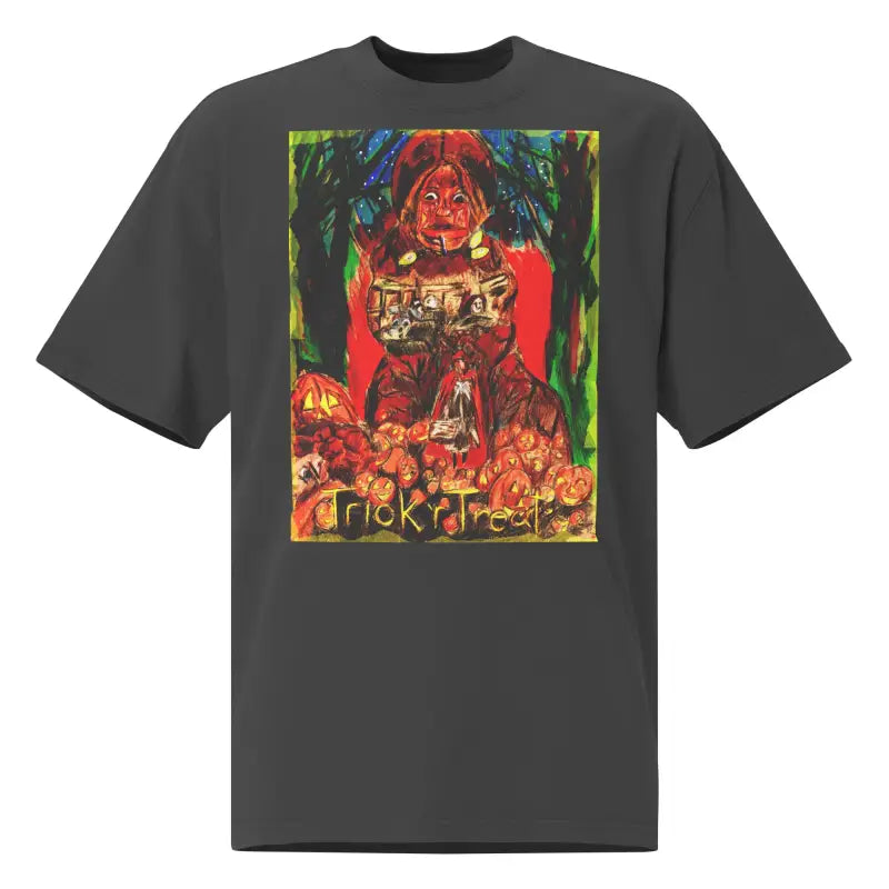 Gray oversized unisex Halloween tee featuring a haunting jack-o’-lantern graphic