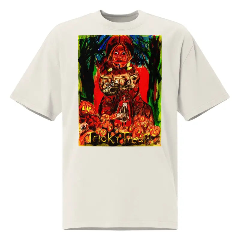 Oversized faded unisex Halloween tee featuring a haunting jack-o’-lantern and trick ‘r treat design