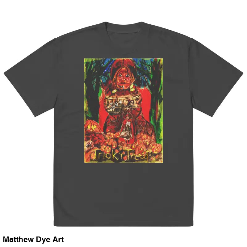 Gray oversized tee featuring a surreal Trick ‘r Treat graphic with a haunting jack-o’-lantern
