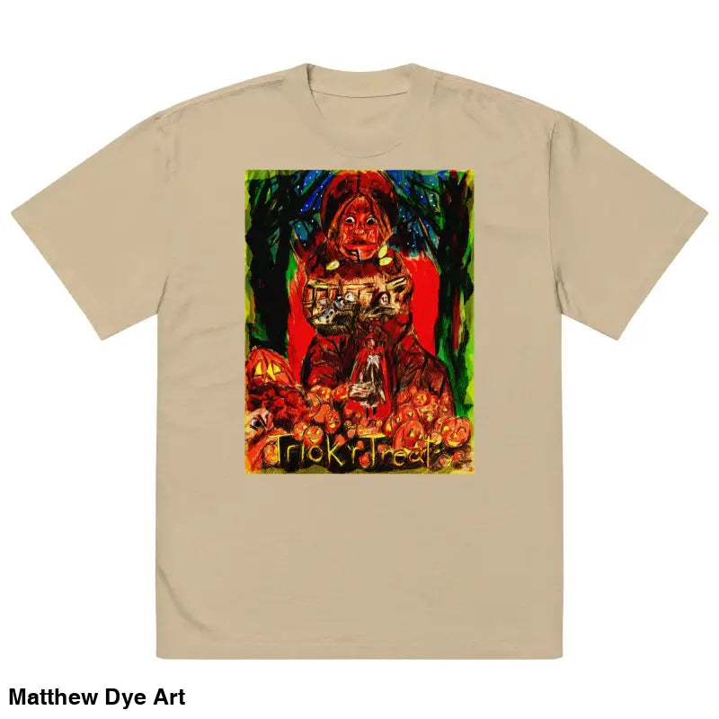 Beige oversized unisex Halloween tee featuring a haunting jack-o’-lantern art design