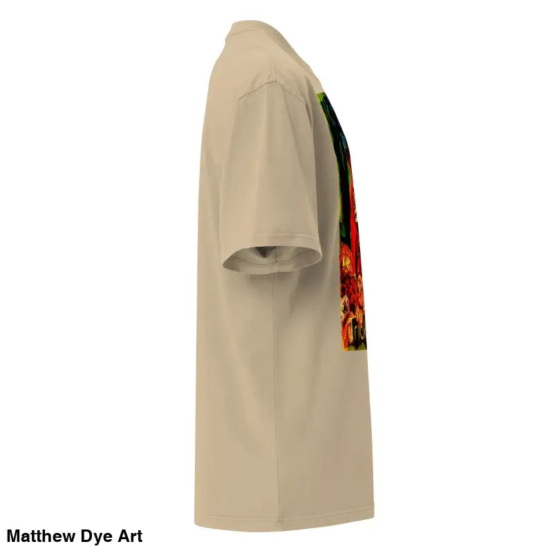 Beige oversized Halloween tee featuring colorful art and a haunting jack-o’-lantern design