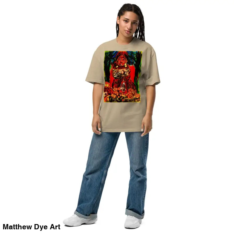 Woman in graphic tee and jeans showcasing Trick ‘r Treat Mayhem Halloween art