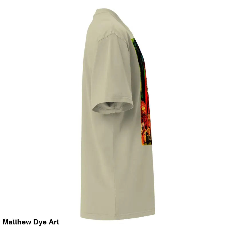 Beige oversized tee featuring colorful Trick ‘r Treat art with a haunting jack-o’-lantern design