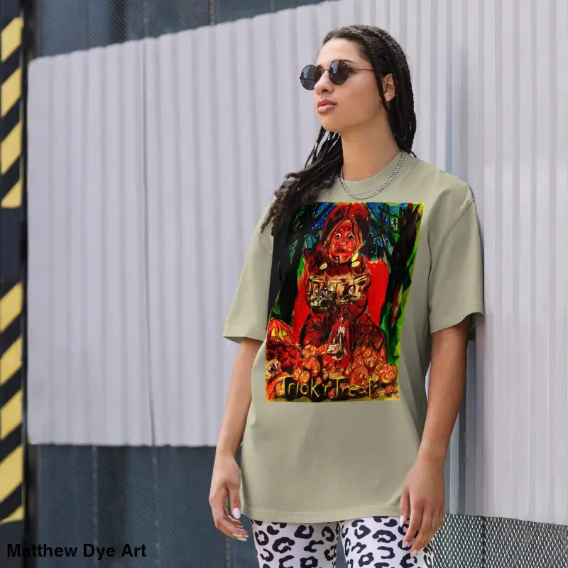 Woman in oversized faded Halloween tee featuring a haunting Jack-o’-lantern design