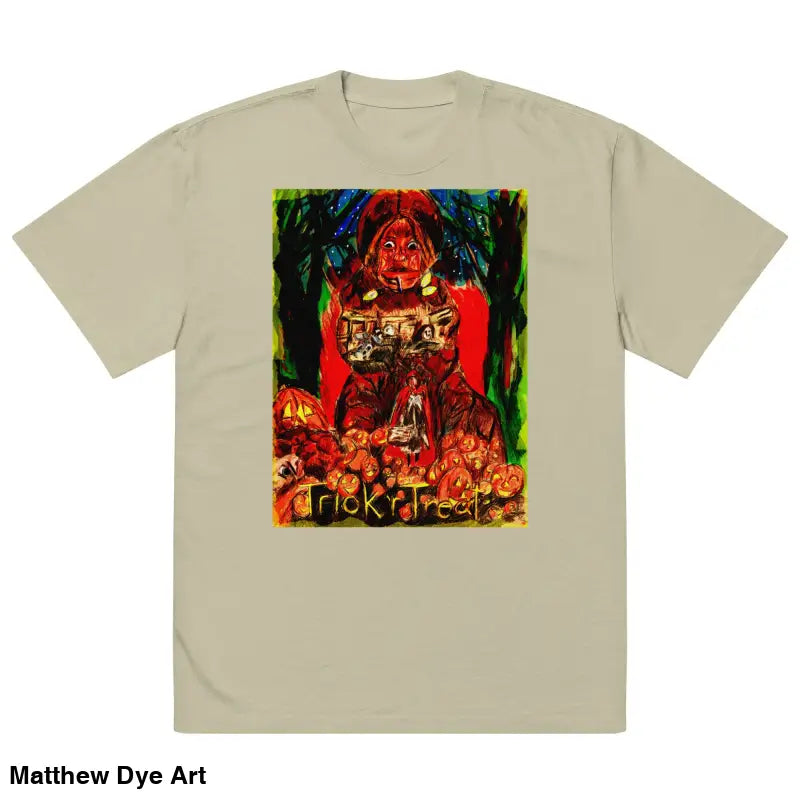 Beige oversized unisex Halloween tee featuring haunting jack-o’-lantern art for trick ’r treat