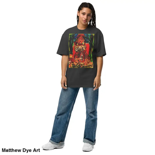 Woman in graphic tee featuring a haunting jack-o’-lantern for Trick ‘r Treat style