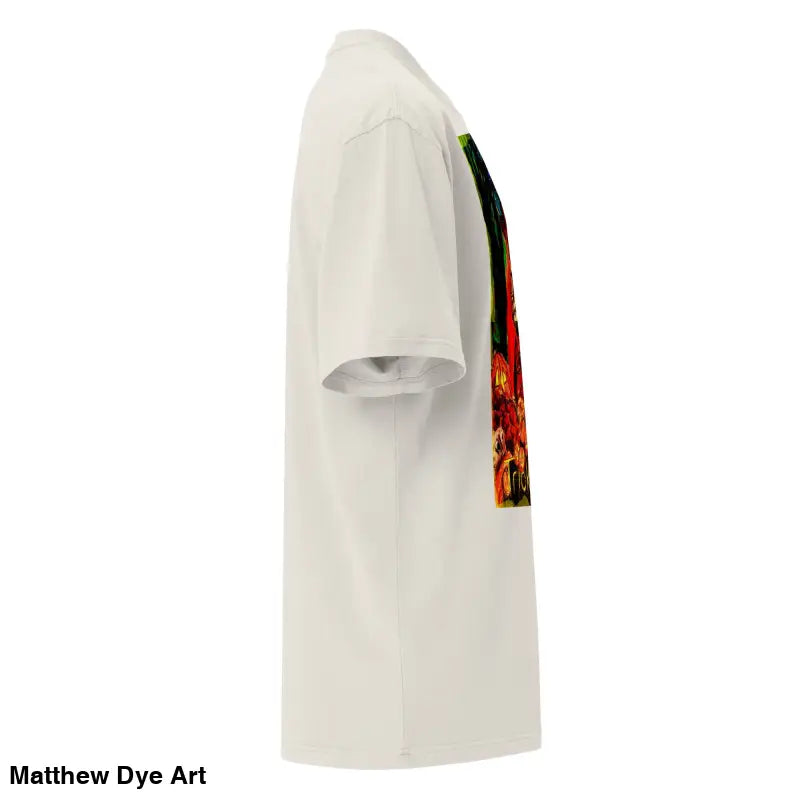 White oversized faded unisex Halloween tee featuring a haunting jack-o’-lantern design