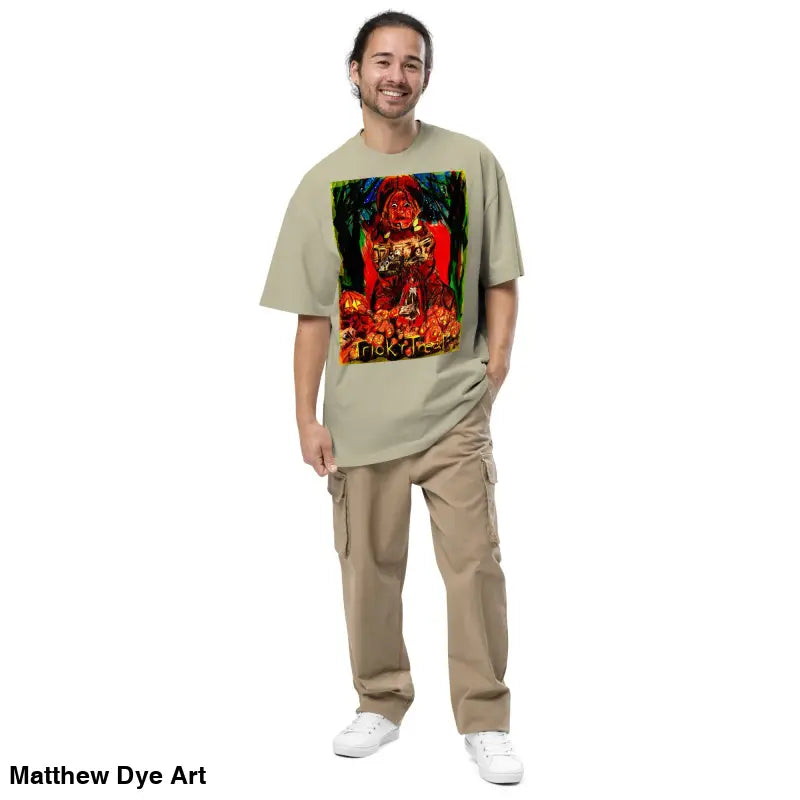 Man in a graphic tee and cargo pants featuring a haunting jack-o’-lantern design