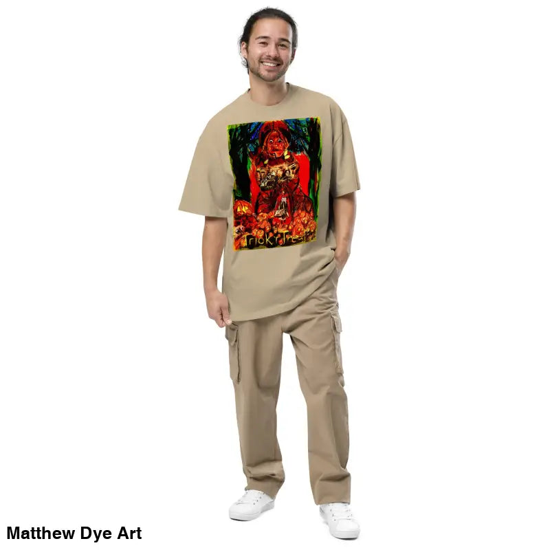 Man in beige t-shirt and cargo pants showcasing Trick ‘r Treat Mayhem Halloween Tee