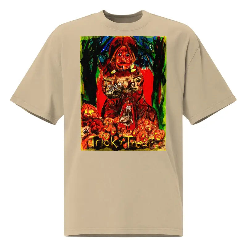 Beige oversized t-shirt featuring surreal Halloween graphic of a haunting jack-o’-lantern