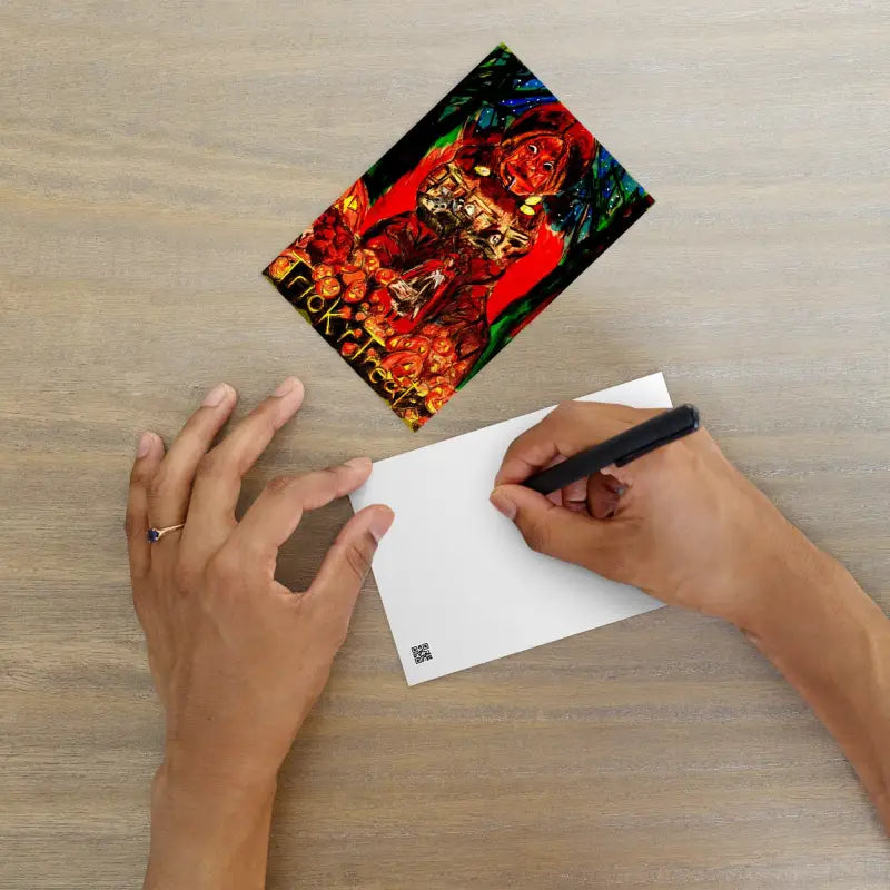 Colorful Trick ’r Treat Mayhem postcard featuring Matthew Dye art and a sinister Jack-O’-Lantern