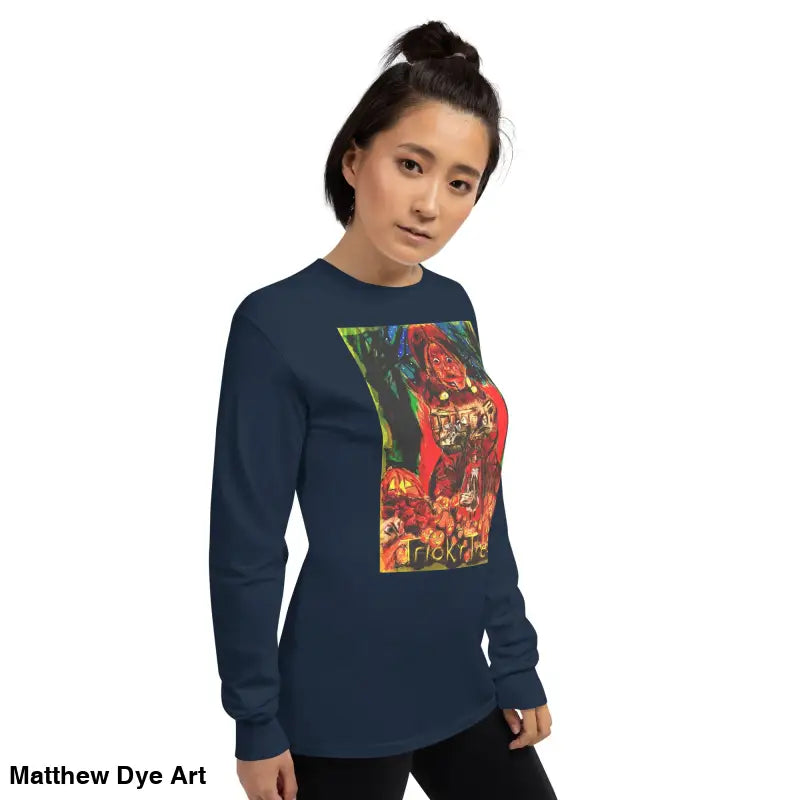 Navy long-sleeved shirt featuring Matthew Dye art for Trick r Treat Halloween fun