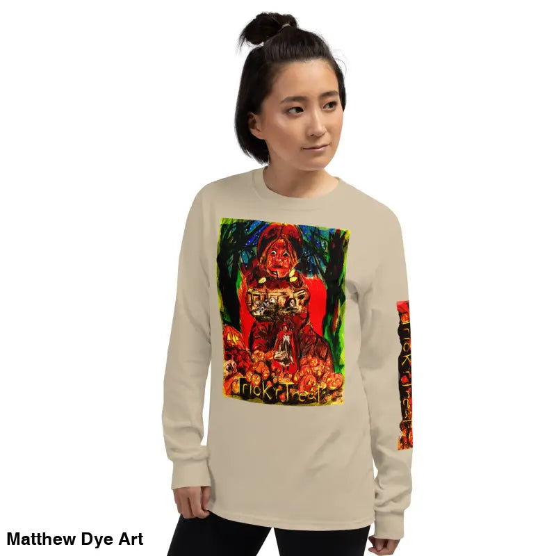 Beige long-sleeved Trick r Treat Mayhem tee featuring Matthew Dye art for Halloween