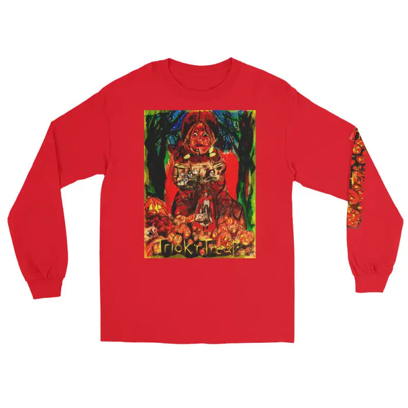 Red long-sleeved Halloween shirt featuring Matthew Dye art, perfect for Trick ‘r Treat festivities