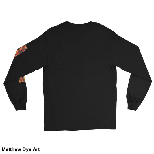 Black long-sleeved shirt with patterned sleeves featuring Trick ’r Treat Halloween designs