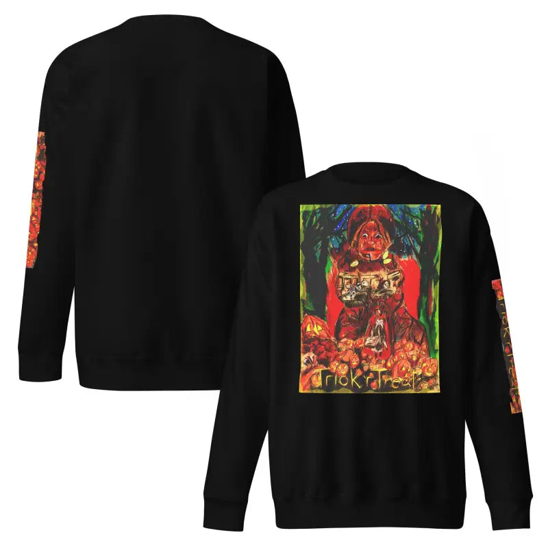 Black Trick ’r Treat unisex premium sweatshirt featuring a vibrant graphic design