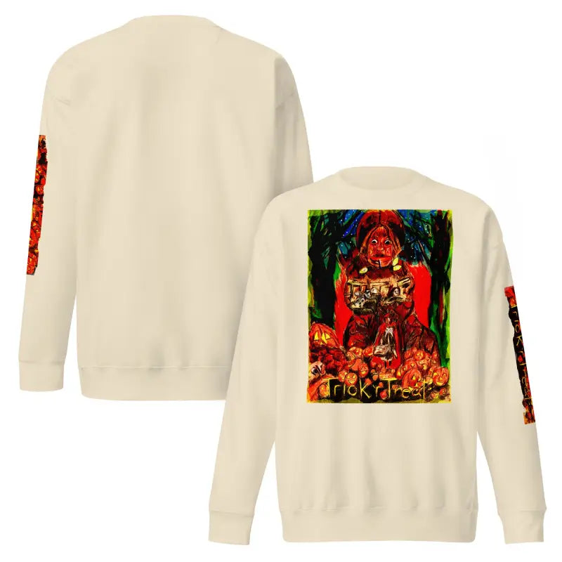 Two cream-colored Trick ’r Treat unisex premium sweatshirts with Halloween graphics