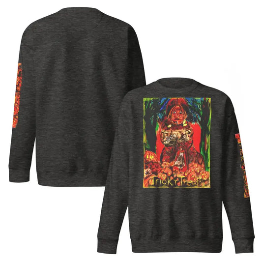 Gray Trick r Treat unisex premium sweatshirt with Halloween-themed design for cozy wear