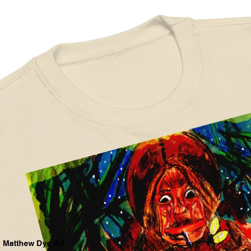 Beige t-shirt featuring colorful artwork from Trick ’r Treat unisex premium sweatshirt