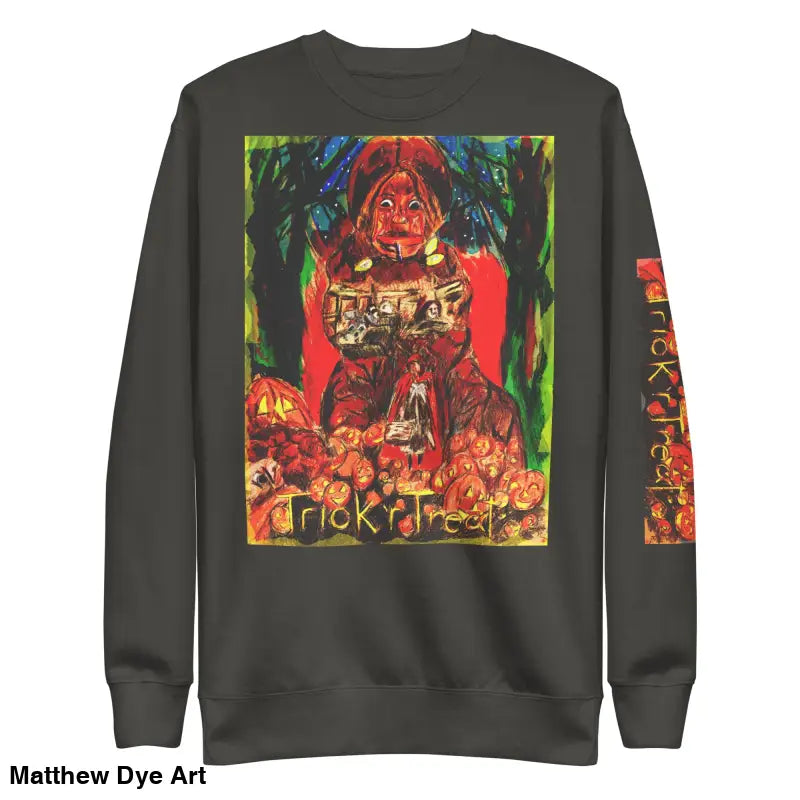 Gray Halloween-themed Trick ’r Treat unisex premium sweatshirt for festive comfort