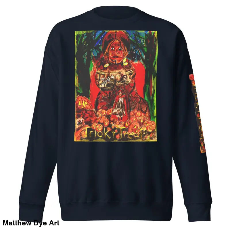Navy blue unisex premium sweatshirt featuring a Halloween-themed graphic for Trick ’r Treat