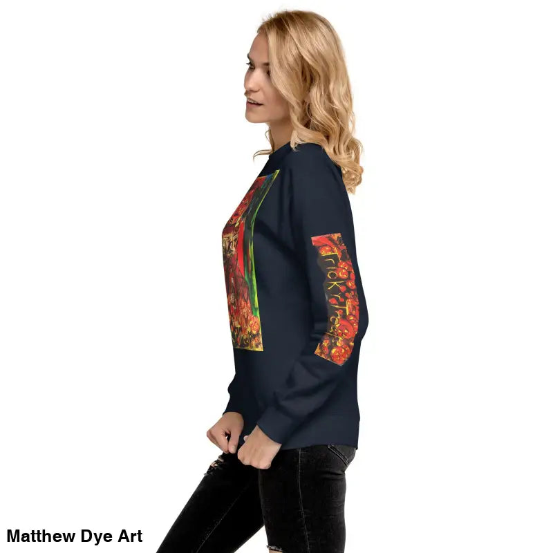 Printed navy sweatshirt from Trick ’r Treat, a soft unisex fleece sweatshirt