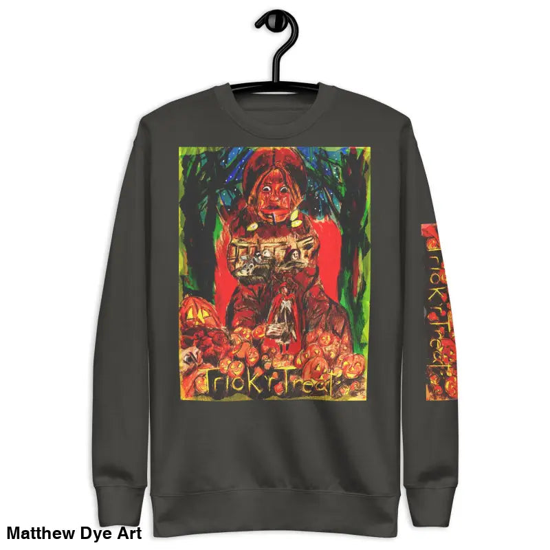 Gray unisex premium sweatshirt with Halloween graphic from Trick ’r Treat collection