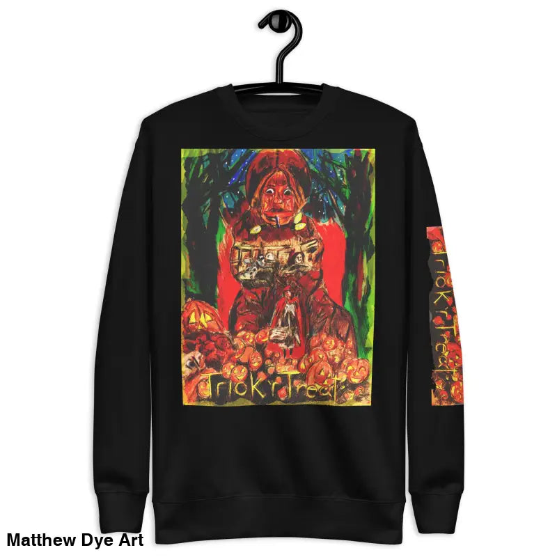 Black sweatshirt featuring Halloween graphic from Trick r Treat, a soft unisex fleece sweatshirt