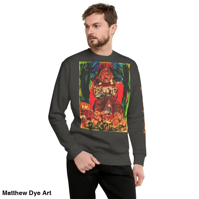 Gray Trick ’r Treat unisex premium sweatshirt featuring a festive Halloween graphic