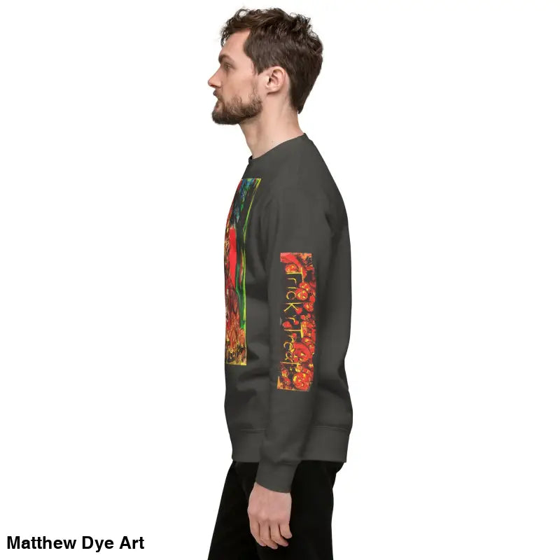 Gray unisex premium sweatshirt featuring colorful Trick ’r Treat graphic design