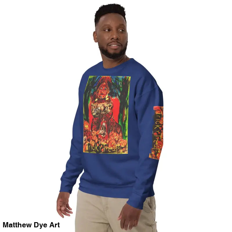 Blue Trick ’r Treat unisex premium sweatshirt featuring a Halloween-themed graphic