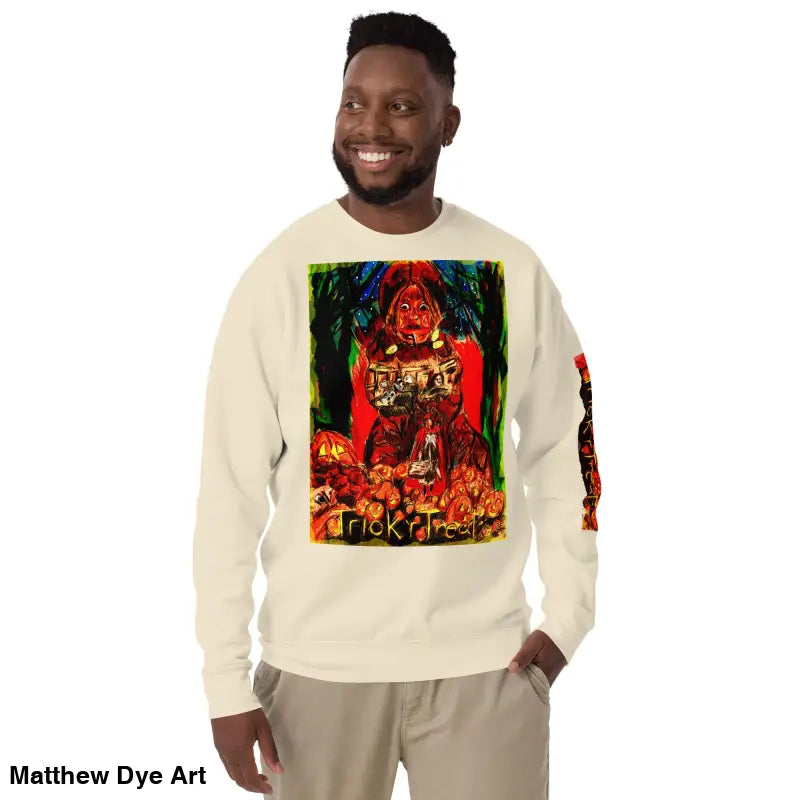 Beige unisex premium sweatshirt featuring a Halloween graphic for Trick ’r Treat